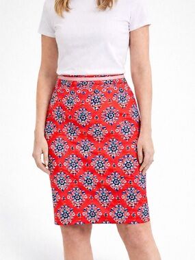 Boden Red Floral Pencil Skirt Size 12L Blue White Print